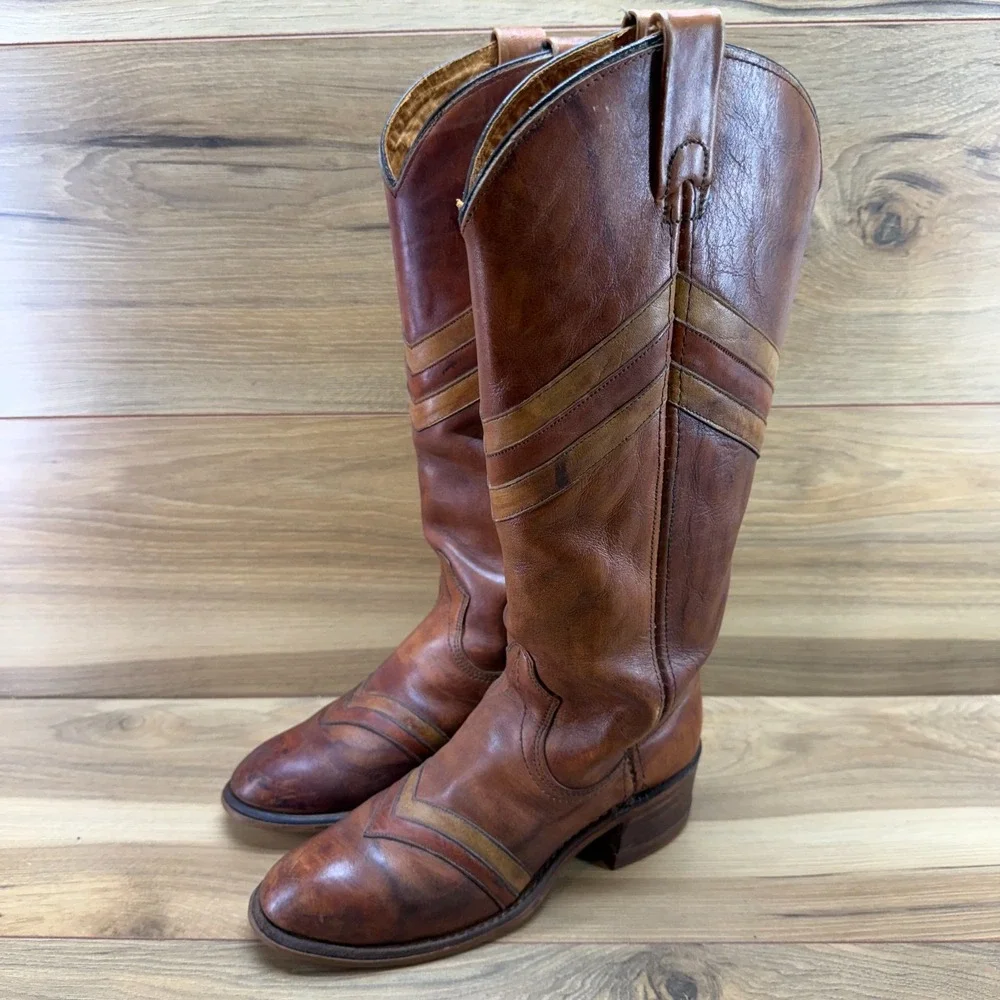 Miss Capezio Vintage Tall Western Boots 6 M Whiskey Cognac Chevron Boho Festival